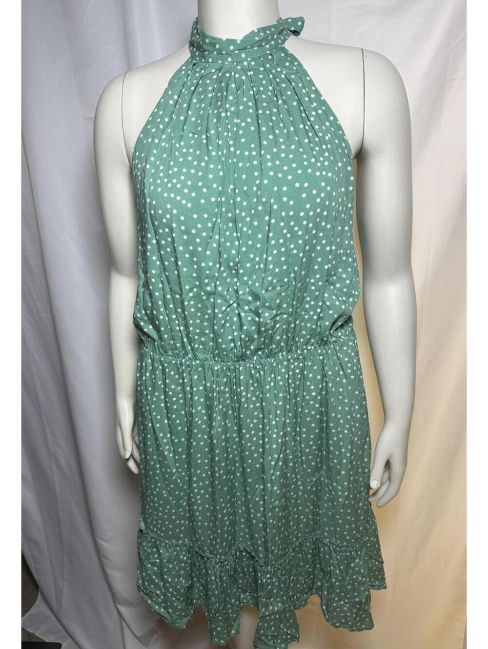 BTFBM Halter Dress Open Back Green Polka Dot Dress Cottagecore Ruffle Hem XL NWT